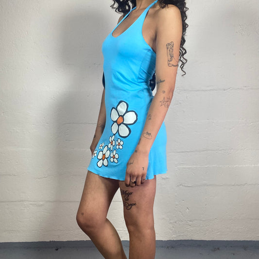 Vintage 2000's Beachwear Sky Blue Neckholder Mini Dress and White Cartoon Flowers Print (S)