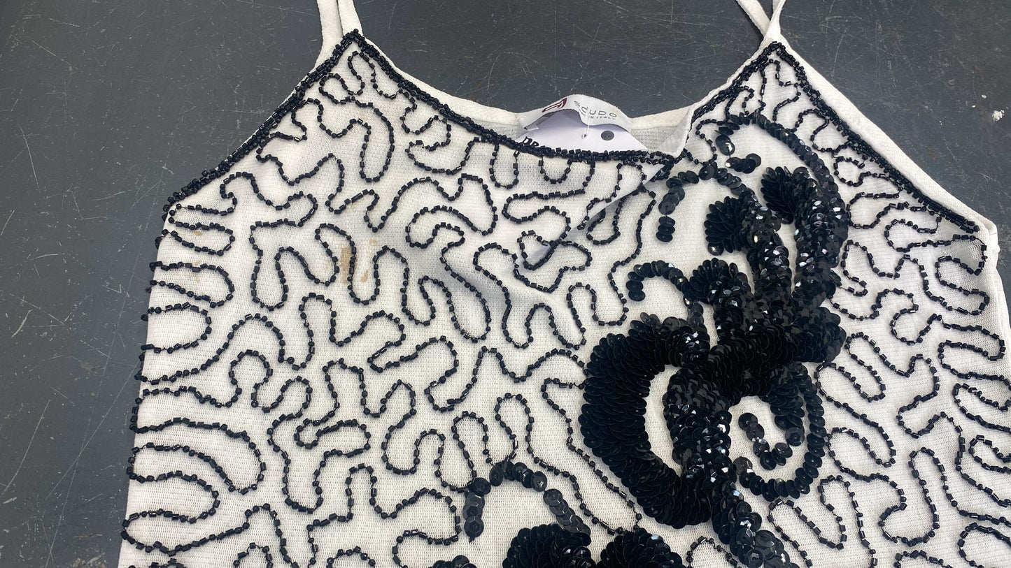 Vintage 2000’s Downtown Girl White Jersey Cami Top with Black Abstract Rhinestone Embroidered Pattern (S)