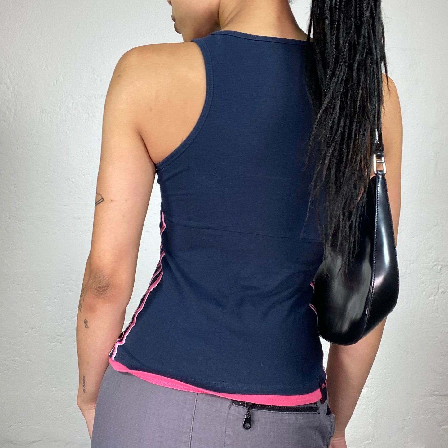 Vintage 2000's Sporty Adidas Navy Blue Tank Top with Neon Pink Accents and aside Stripes (S)