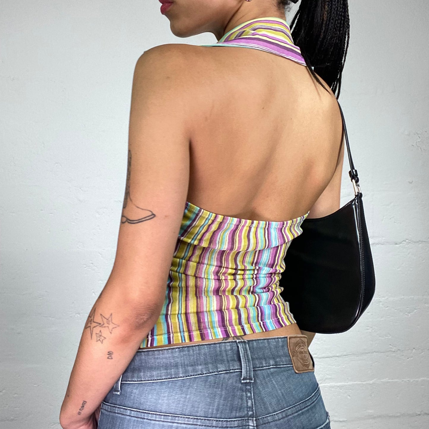 Vintage 2000's Funky Multicolour Stripes Printed Wrap Up Effect Collared Neckholder Top (M)