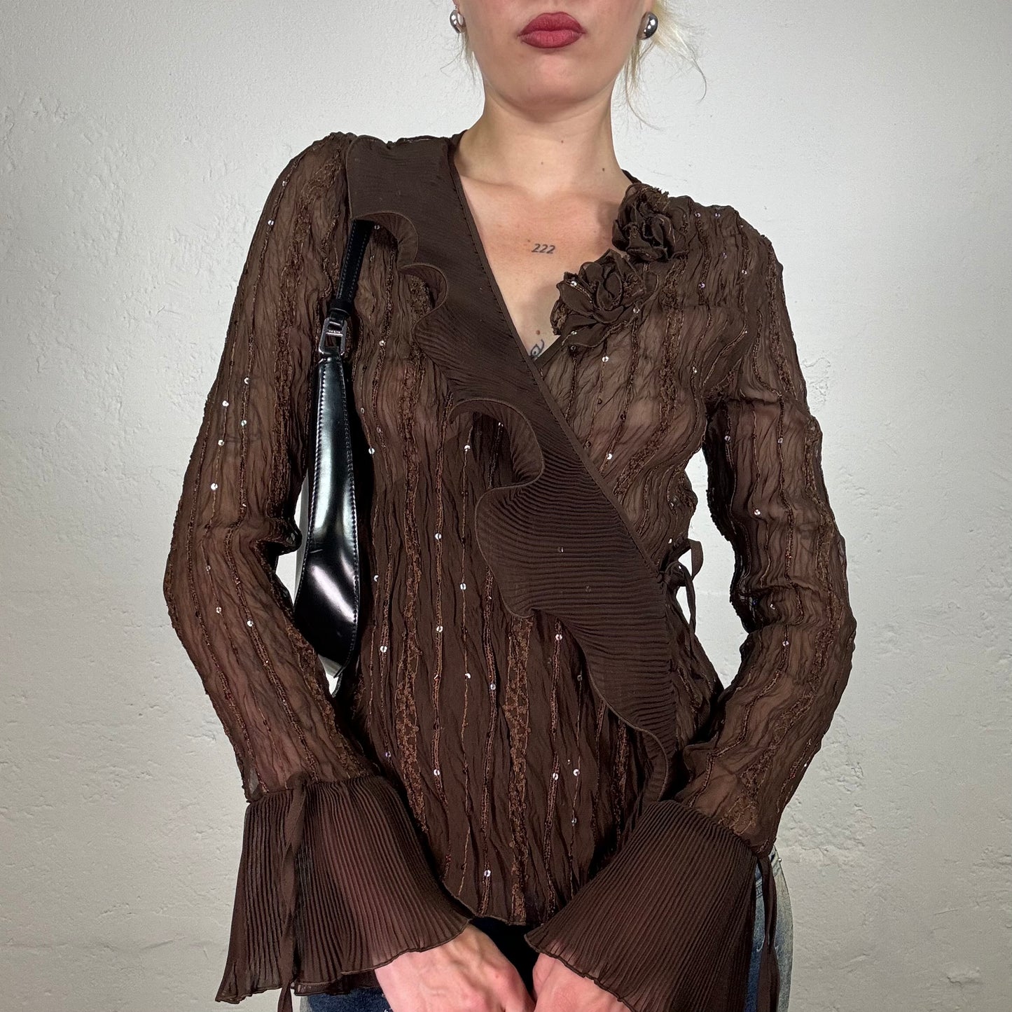 Vintage 2000's Earth Angel Brown Chiffon Lonsgleeve Blouse with Ruffle Collar and Sequin Details (XL)