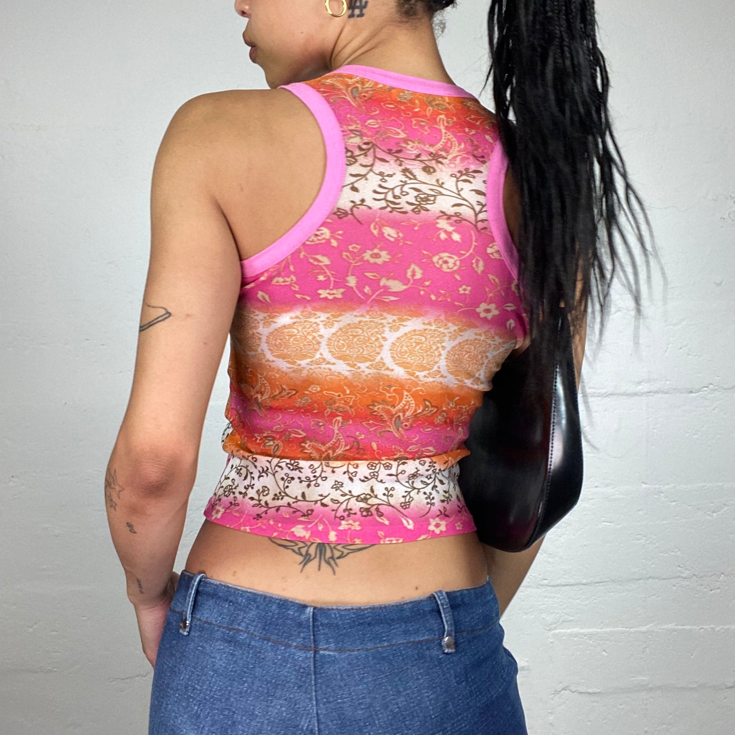 Vintage 2000's Summer Boho Pink and Orange Floral Print Tank Top (S)