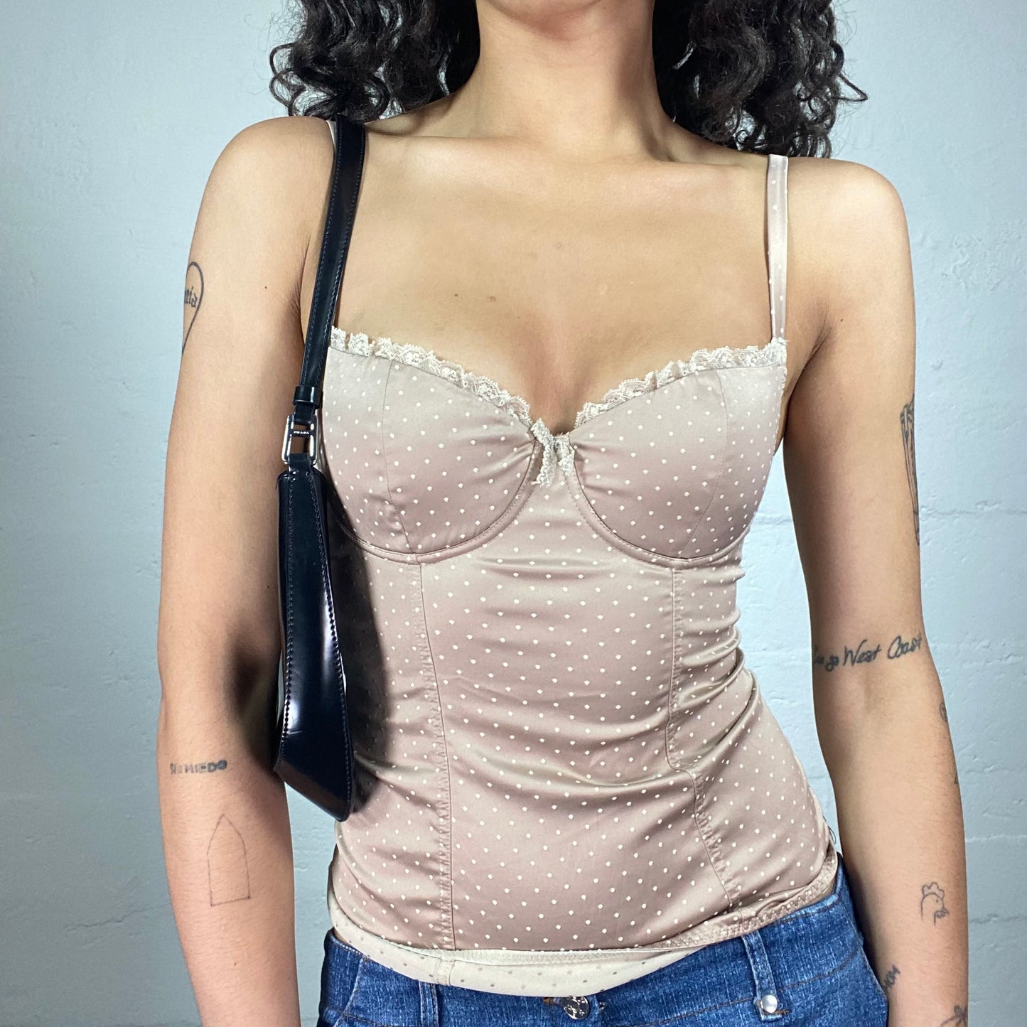 Vintage 2000's Coquette Silky Beige Polka Dot Print Corset with Ruffled Trim (S)
