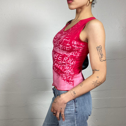 Vintage 2000's Pop Style Red and Pink Tank Top with Typography Print (S)