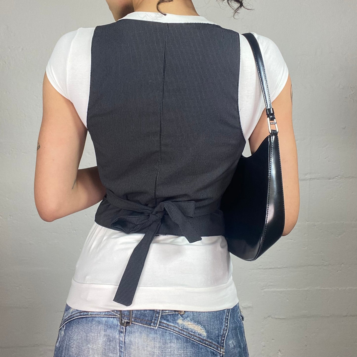 Vintage 2000's Office Girl Black Striped Button Up Vest (S)