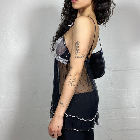 Vintage 2000's Coquette Black and Pink Mesh Polka Dot See Through Dress/Top with Embroidery Decorated Bra (S/M)