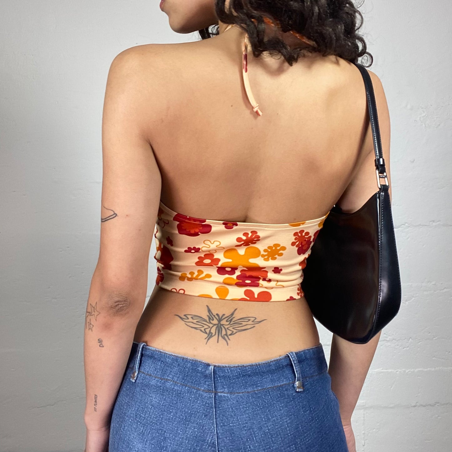 Vintage 2000's Beachwear Summer Cropped Neckholder Top with Red and Orange Floral Print (S)