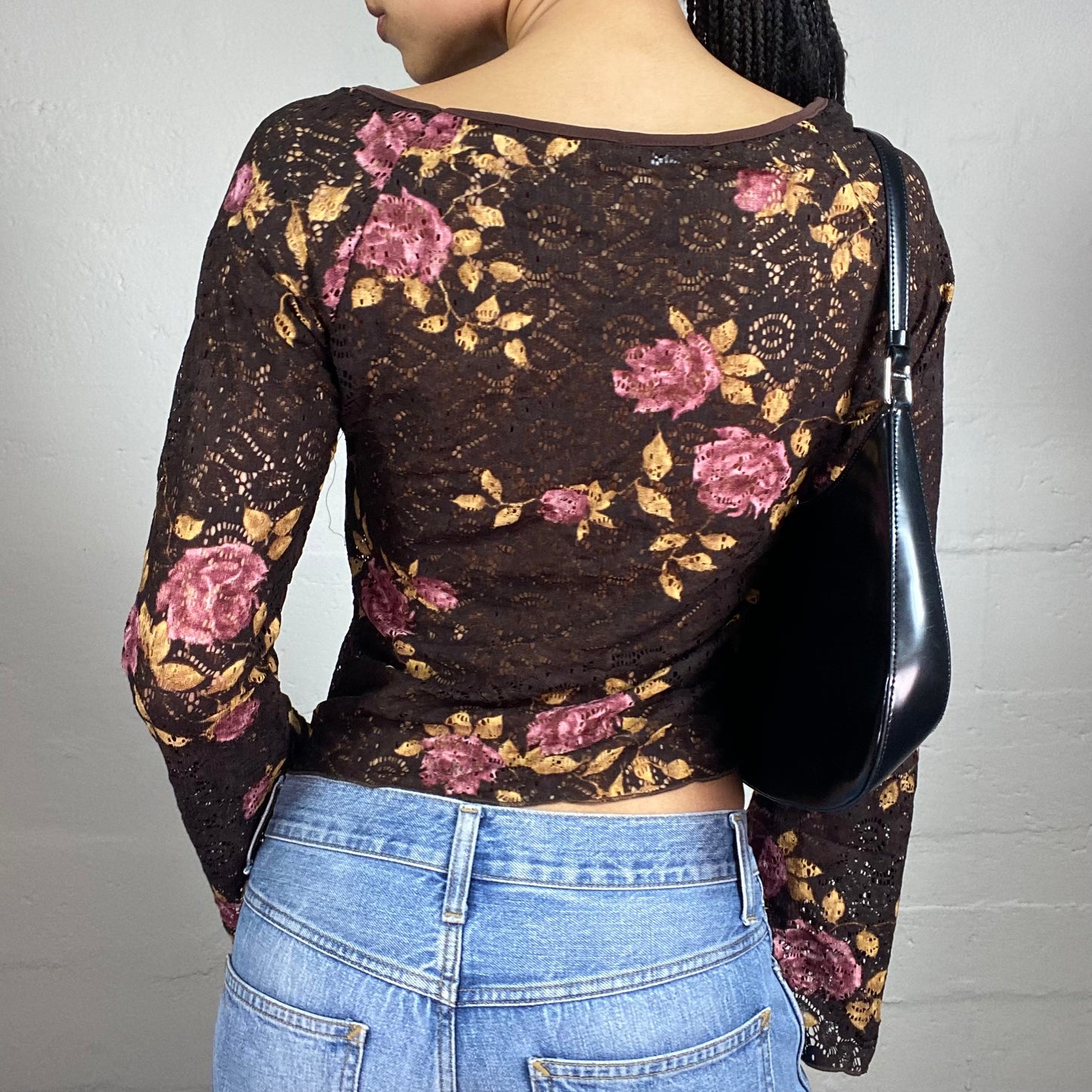 Vintage 2000's Boho Girl Brown Lace Material Floral Print Flare Sleeves Top (S)