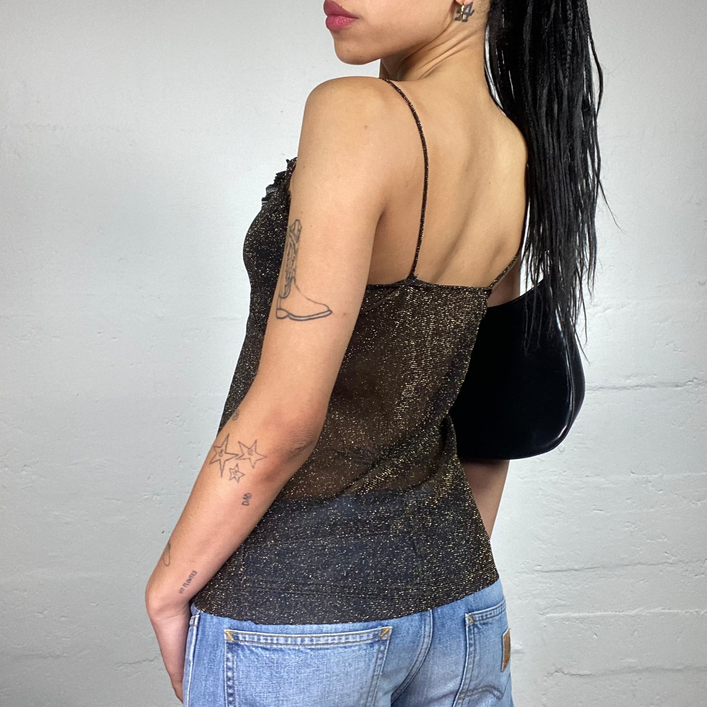 Vintage 2000's Glamorous Brown Mesh See Through Glitter Shimmer Cami Top with Ruffled Bra Decor (S)
