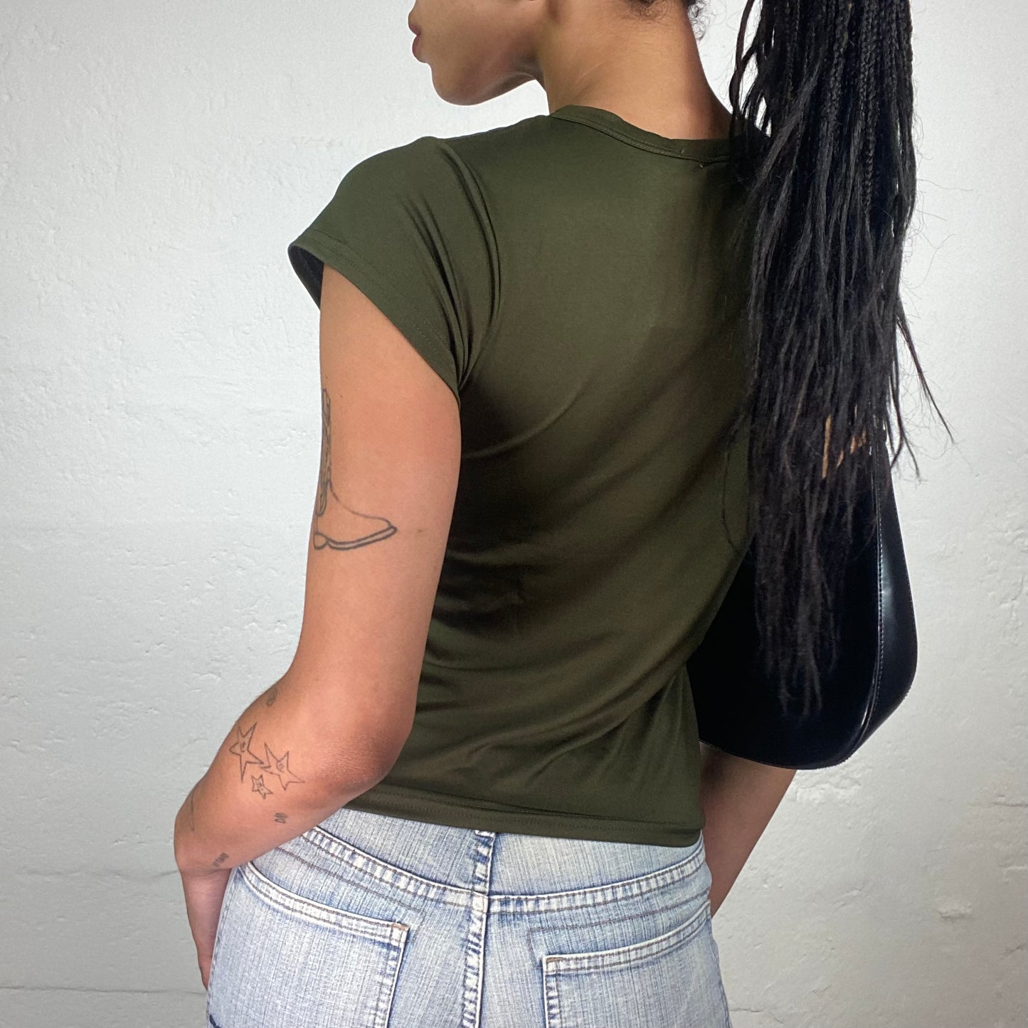 Vintage 2000’s Hip Hop Khaki Green Baby Tee with Red Glitter New York 18 Print (M/L)