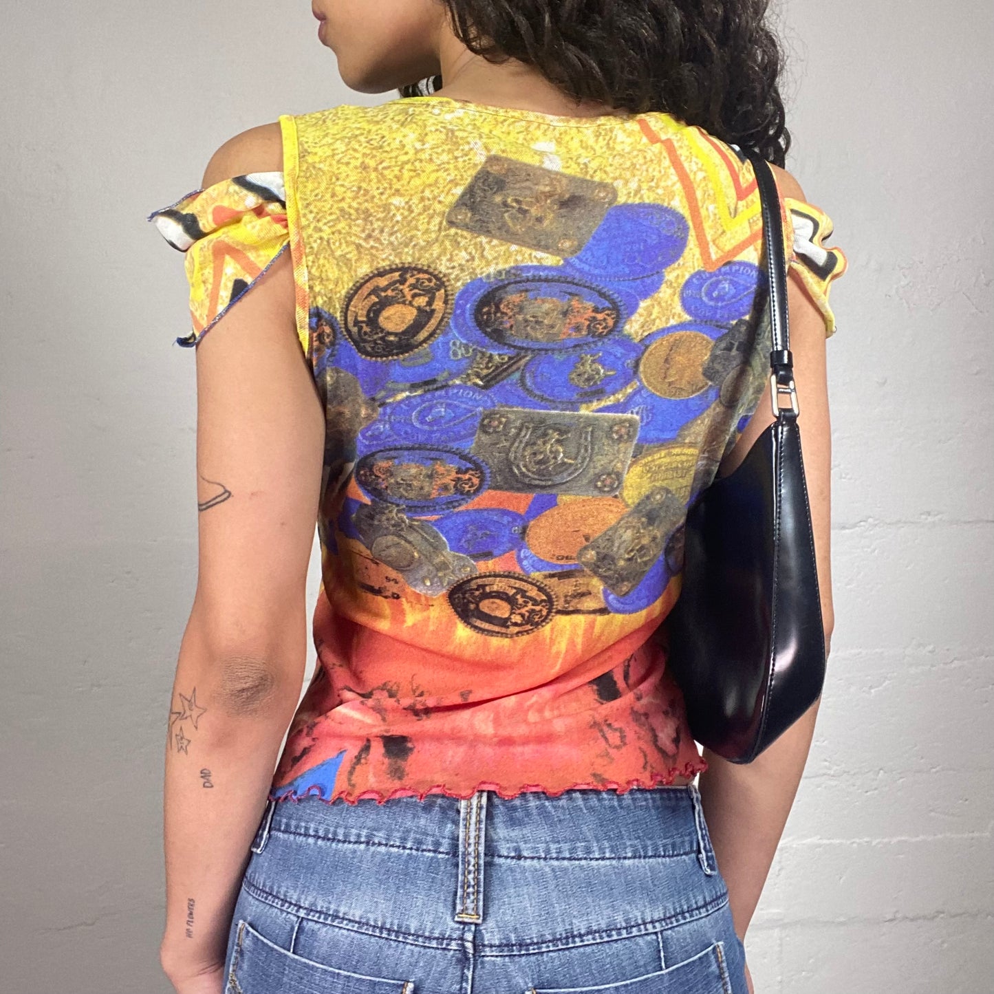 Vintage 2000's Summer Yellow Tee with Multicoloured Print and Chiffon Draped Micro Sleeves (L)