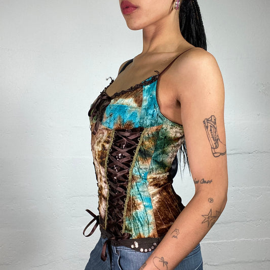 Vintage 2000's Baroque Brown Toned Velour Corset Style Silky Lace Up Top with Blue and Green Accents (S)