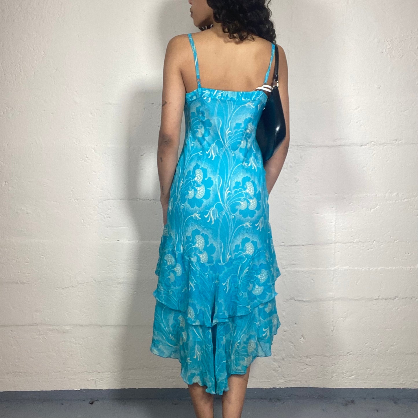 Vintage 2000's Summer Aquamarin Layered Asymmetric Cami Dress with Bra Ruffles and White Floral Print (M)
