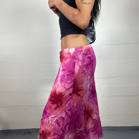 Vintage 2000's Romantic Summer Pink and Red Tie Dye Midi Skirt (S)