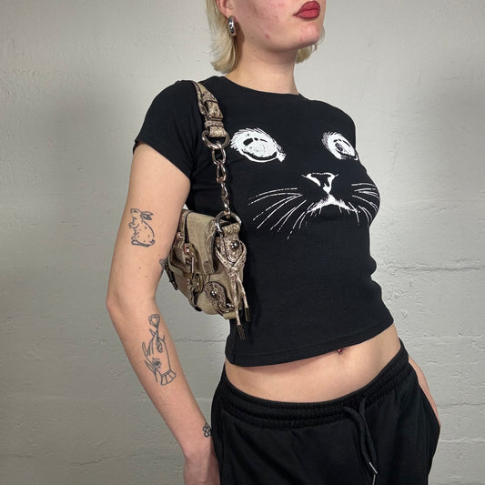 Vintage 2000's Cute Black Baby Tee with White Cat Print (S/M)