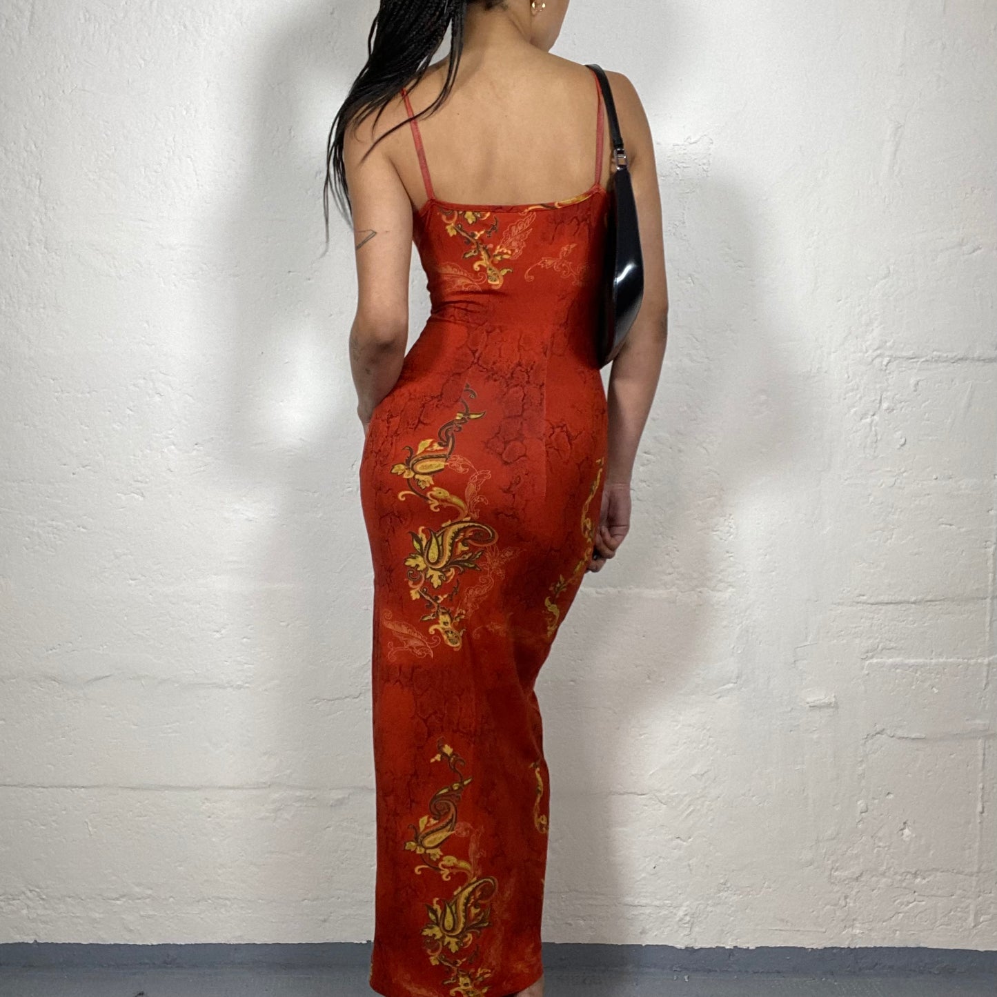 Vintage 2000's Boho Chic Orange Slim Fit Yellow Printed Cami Maxi Dress (S)
