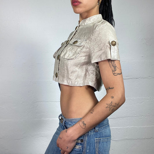 Vintage 2000's Fancy Beige Shimmer Shortsleeved Cropped Golden Button Up Top (XS)
