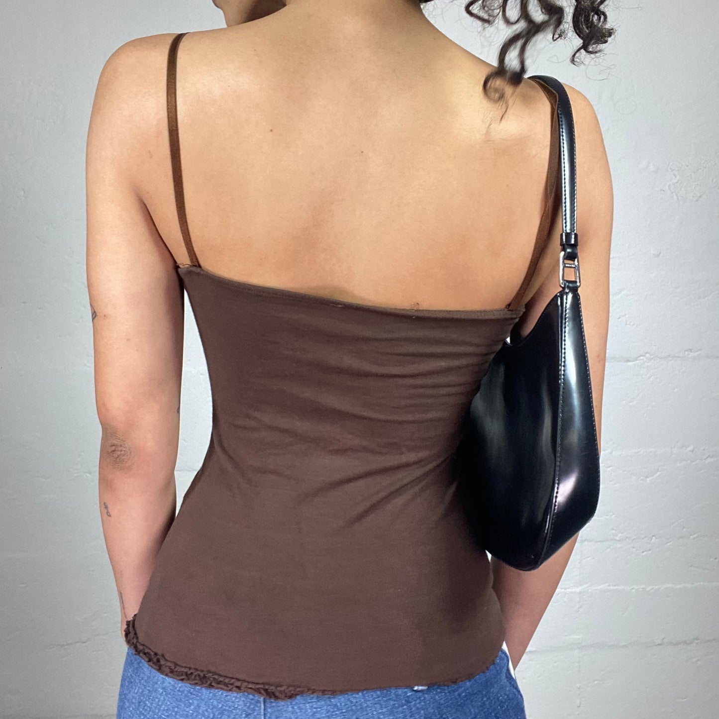 Vintage 2000's Baroque Brown Textures Lace Up Detail Cami Top with Sequins Embroidery (L)