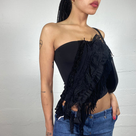 Vintage 2000's Morgan Clubwear Black Tube Top with Ruffled Mesh and Lace Handing Embroidery ang Fringe Detail (S)