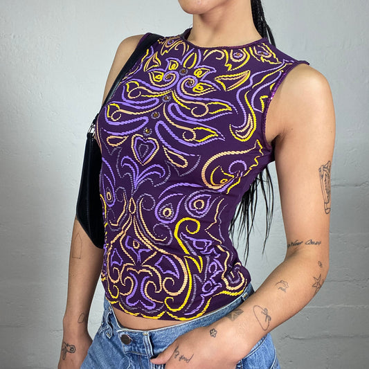 Vintage 2000's Summer Purple Tank Top with Matching Tone and Contrast Yellow Abstract Print (S)