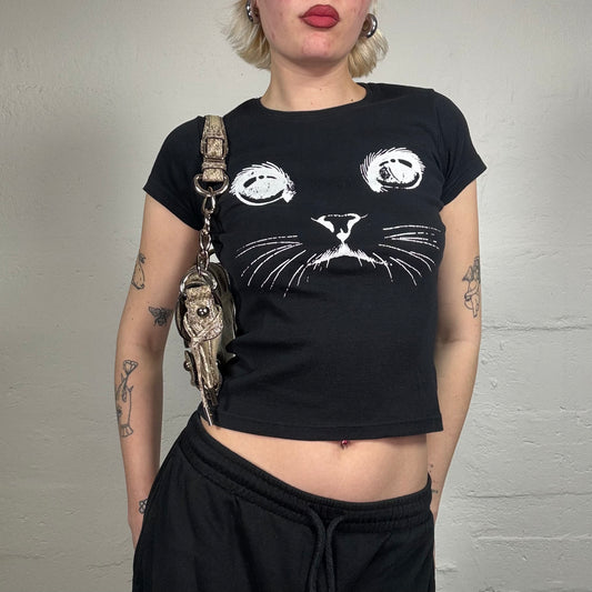 Vintage 2000's Cute Black Baby Tee with White Cat Print (S/M)