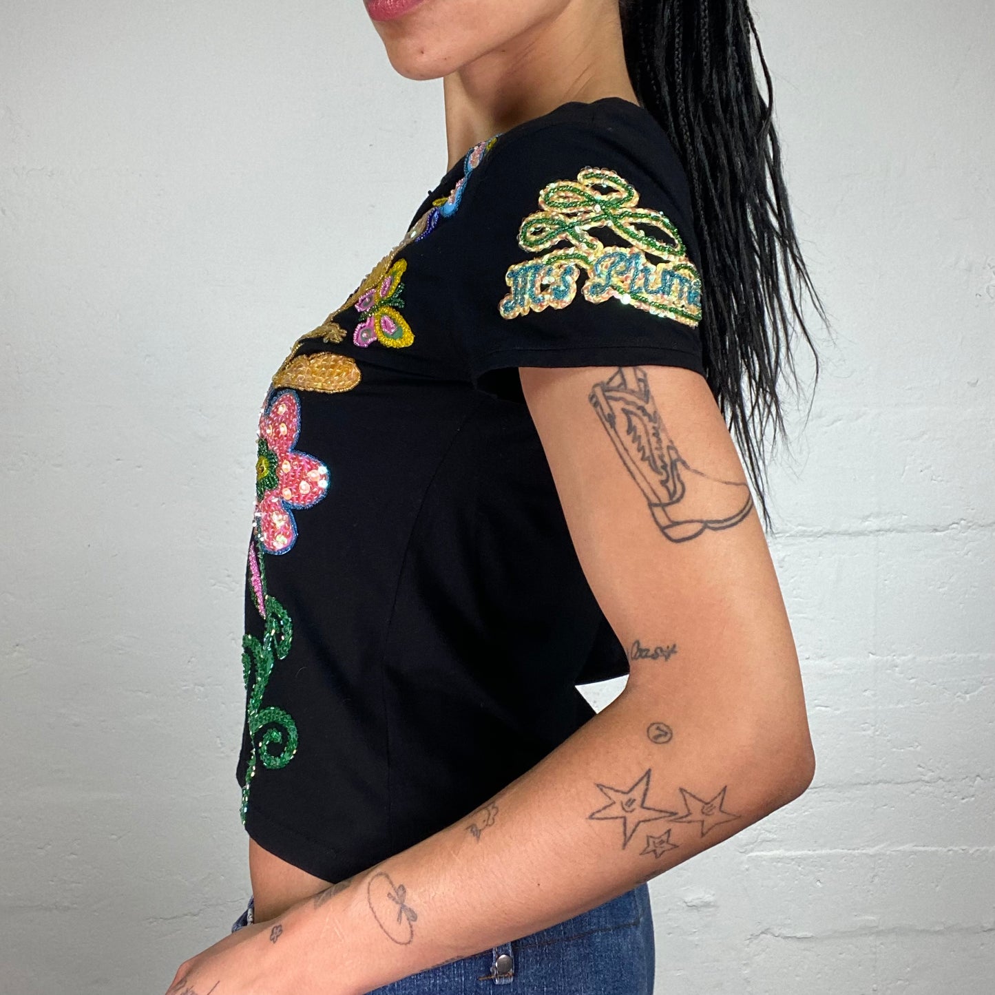 Vintage 2000's Tweety Funky Black Baby Tee with Fun Cartoon Sequin Embroidery (M)