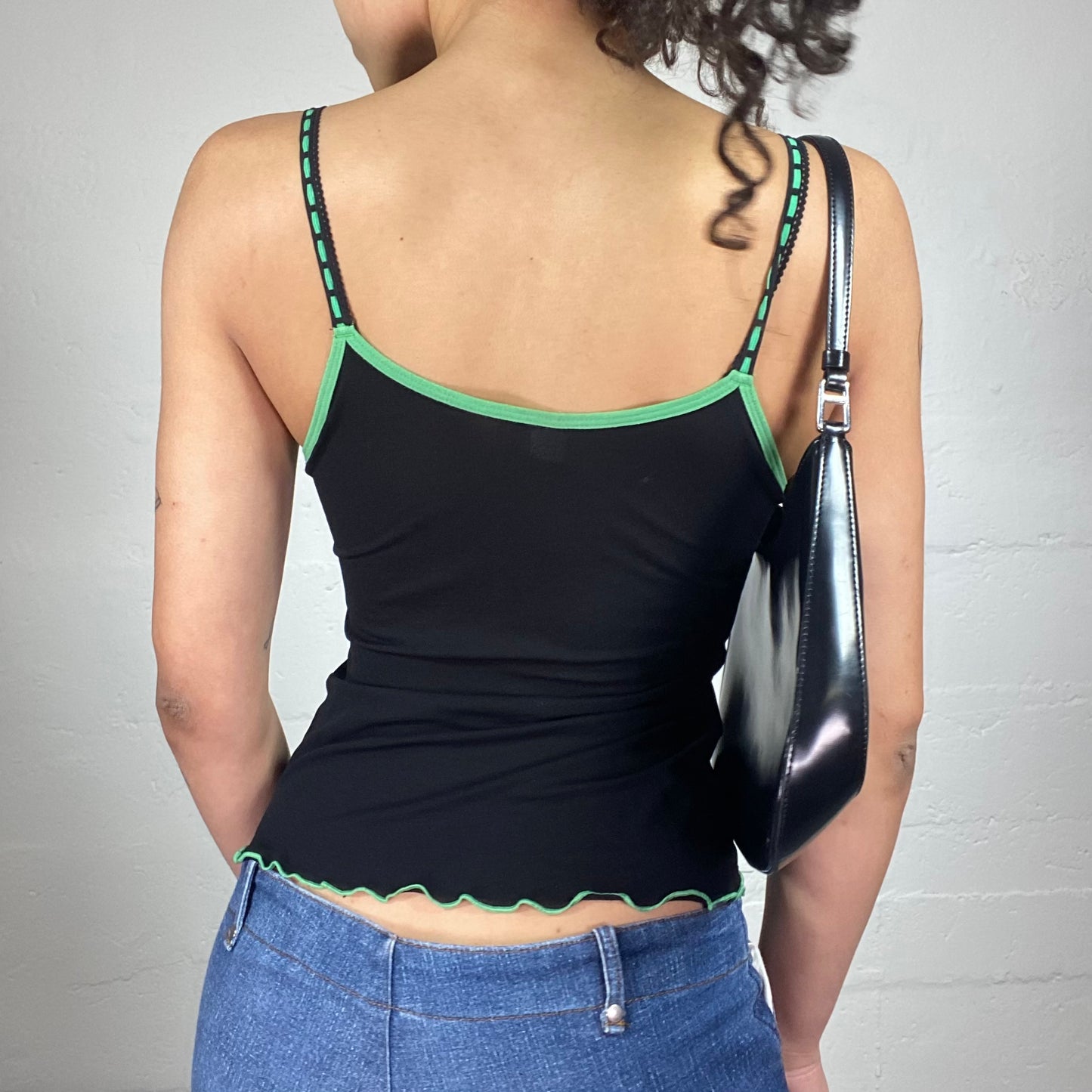 Vintage 2000's Casual Black Mesh Classic Cami Top with Lime Green Trim and Seaming (S)