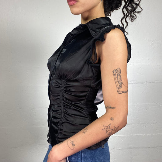 Vintage 2000's Dark Coquette Satin Black Sleeveless Button Up Shirt with Side Ruffles (S)