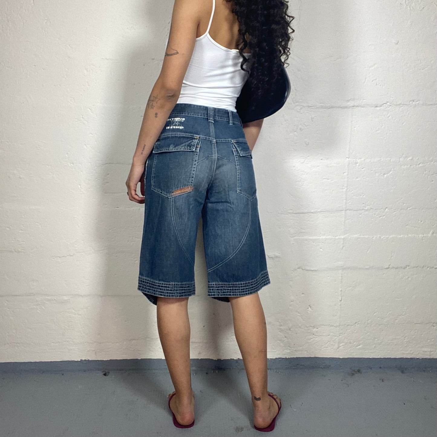 Vintage 2000's Skater Girl Blue Washed Out Shorts with White Seams (S)