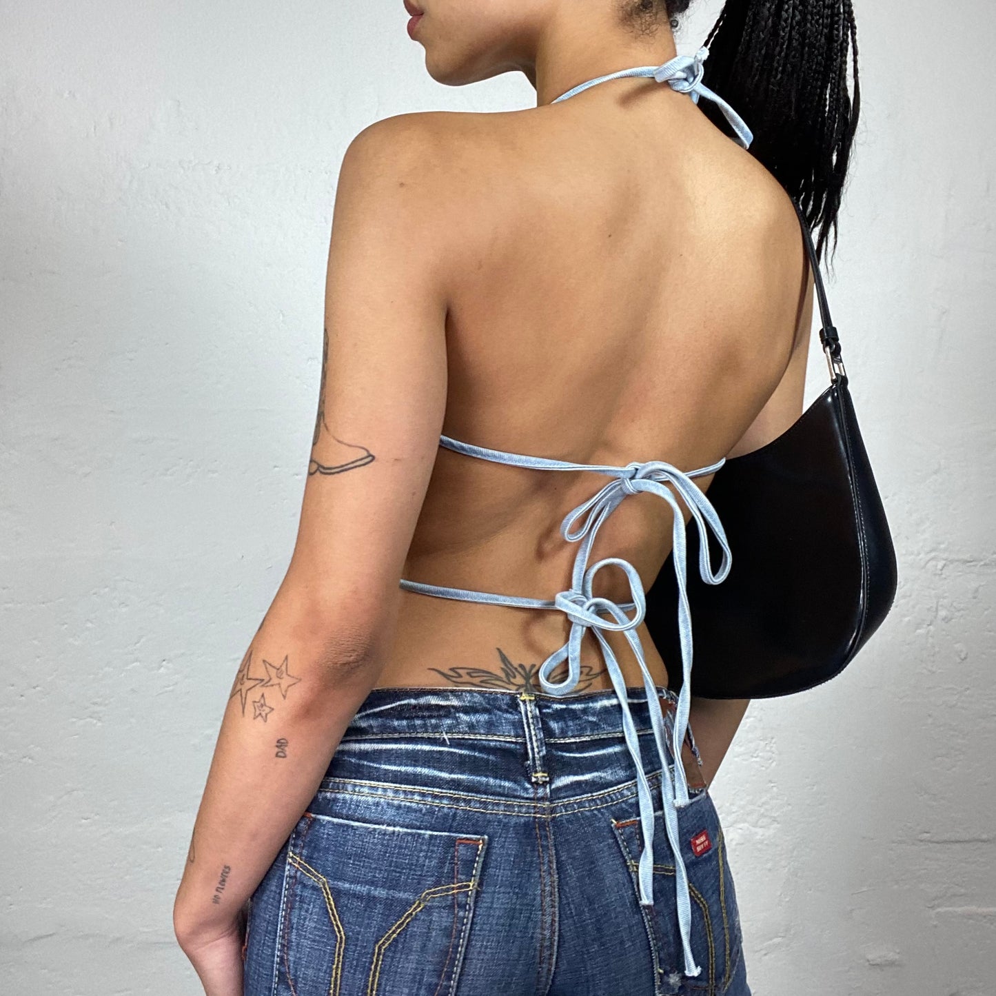 Vintage 2000's Downtown Girl Baby Blue Denim Butterfly Shaped Neckholder Top with Open Back (S/M)