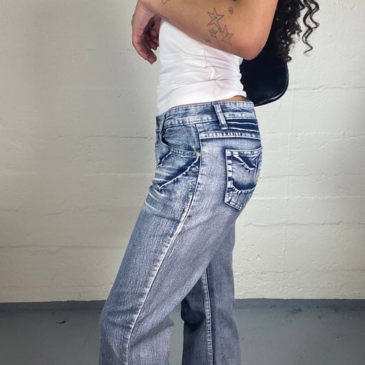 Vintage 2000's Streetwear Blue Wash Out Effect Denim Middle Waist Bootcut Jeans (M)