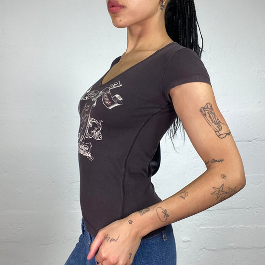 Vintage 2000's Guess Downtown Girl Printed Brown Baby Tee with V-Neck Cut (S)