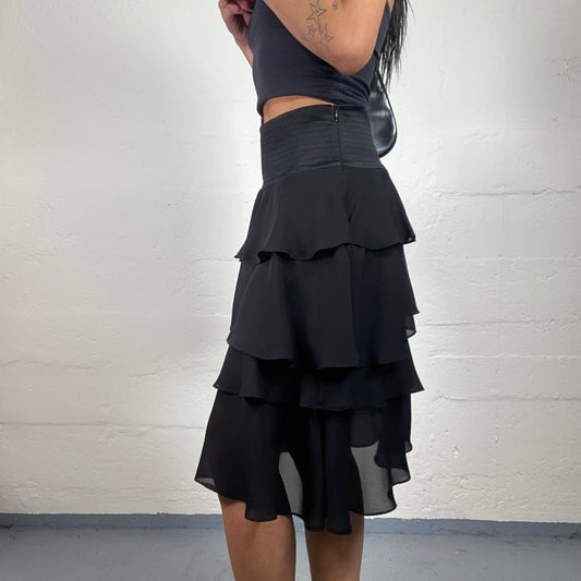 Vintage 2000's Dinner Out Layered Black Midi Skirt with Wide Waist Band (S)