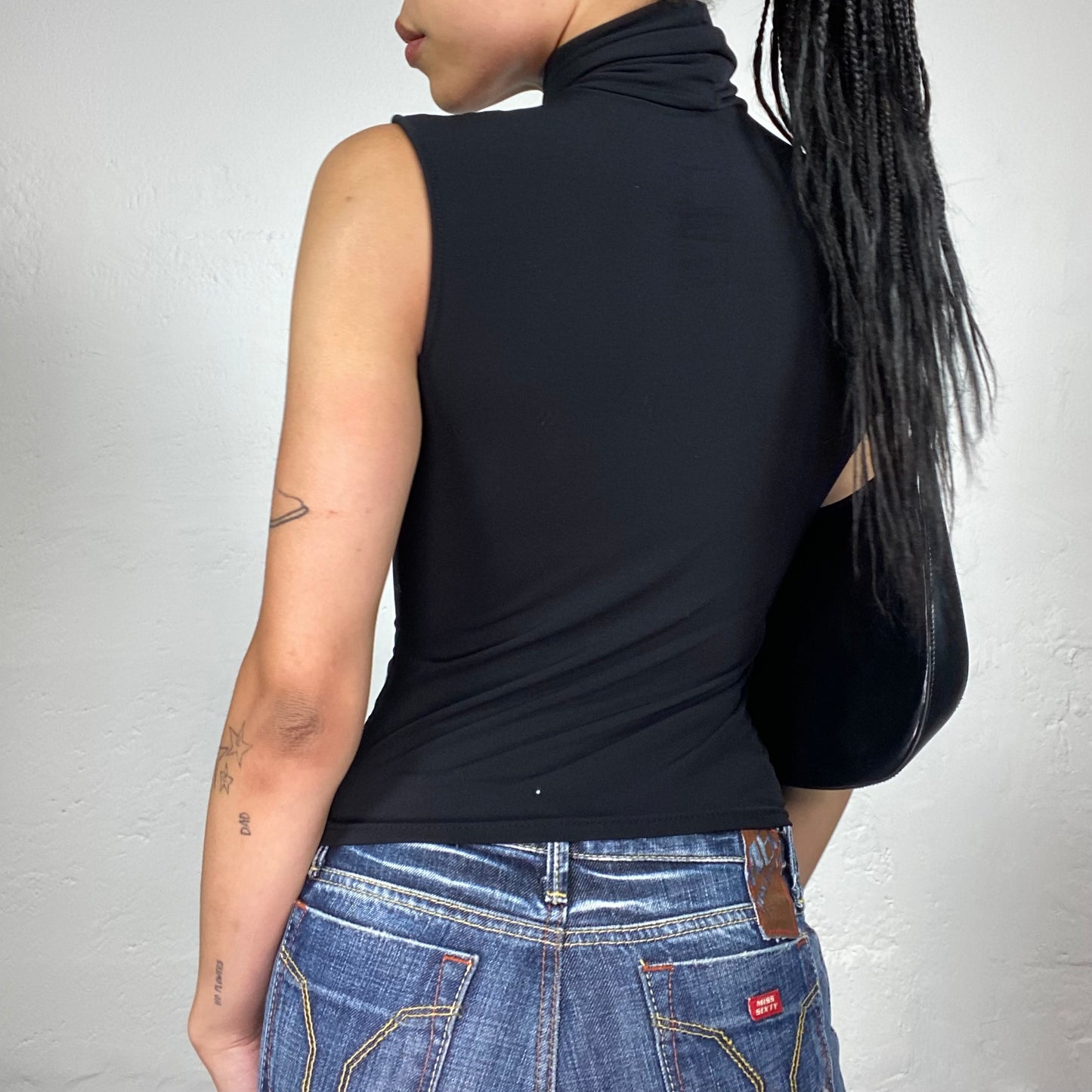 Vintage 2000's Downtown Girl Black Turtleneck Tank Top with Shiny Typography Print (M)