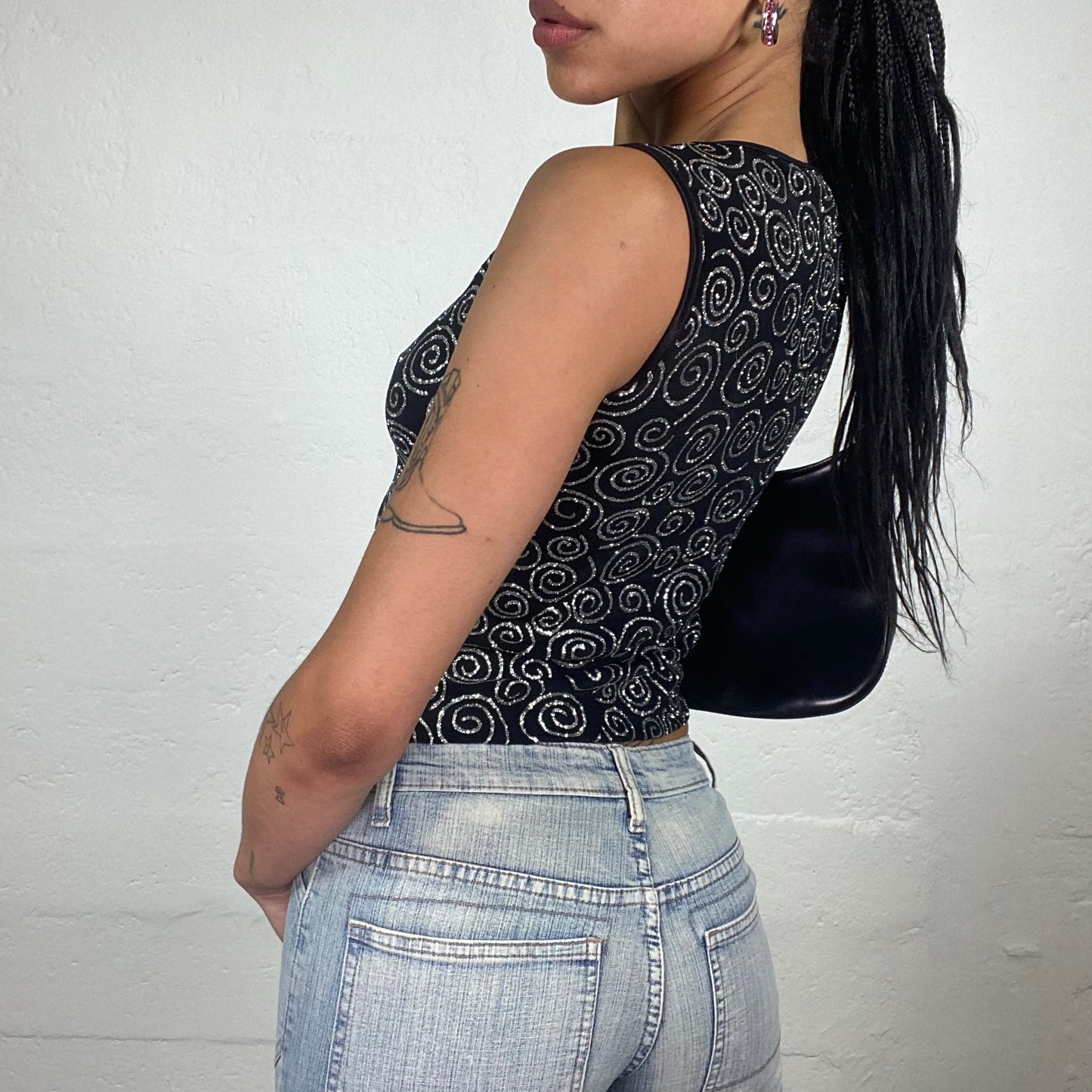 Vintage 2000’s Clubwear Black Cropped Tank Top with Silver Glitter Spirals Print (S)