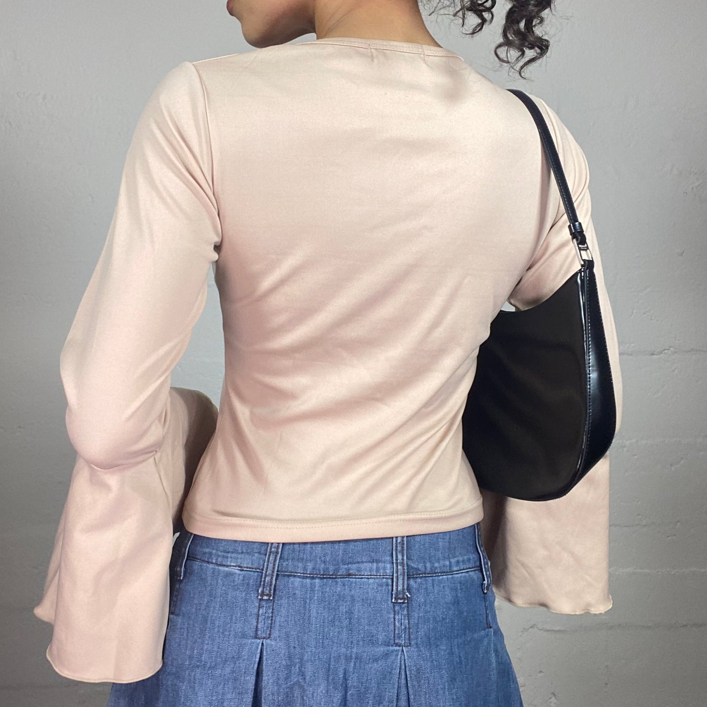 Vintage 2000's Funky Beige Pink Grungy Wild Girl Top with Flared Sleeves (L)