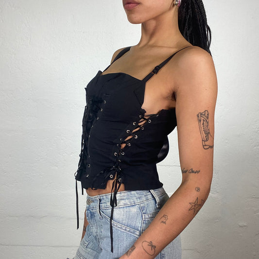 Vintage 2000’s Grunge Biker Girl Black Cami Corset Top with Multiple Lace Up Details (S)