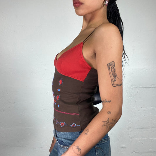 Vintage 2000's Downtown Girl Brown Printed Cami Top with Contrast Red Bra (S)