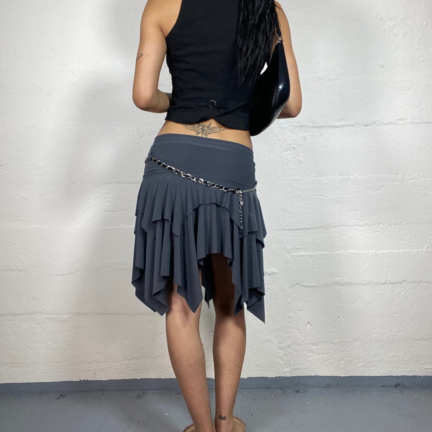 Vintage 2000's Glamorous Grey Asymmetric Trim Layered Low Waisted Skirt with a Chain Detail (S)