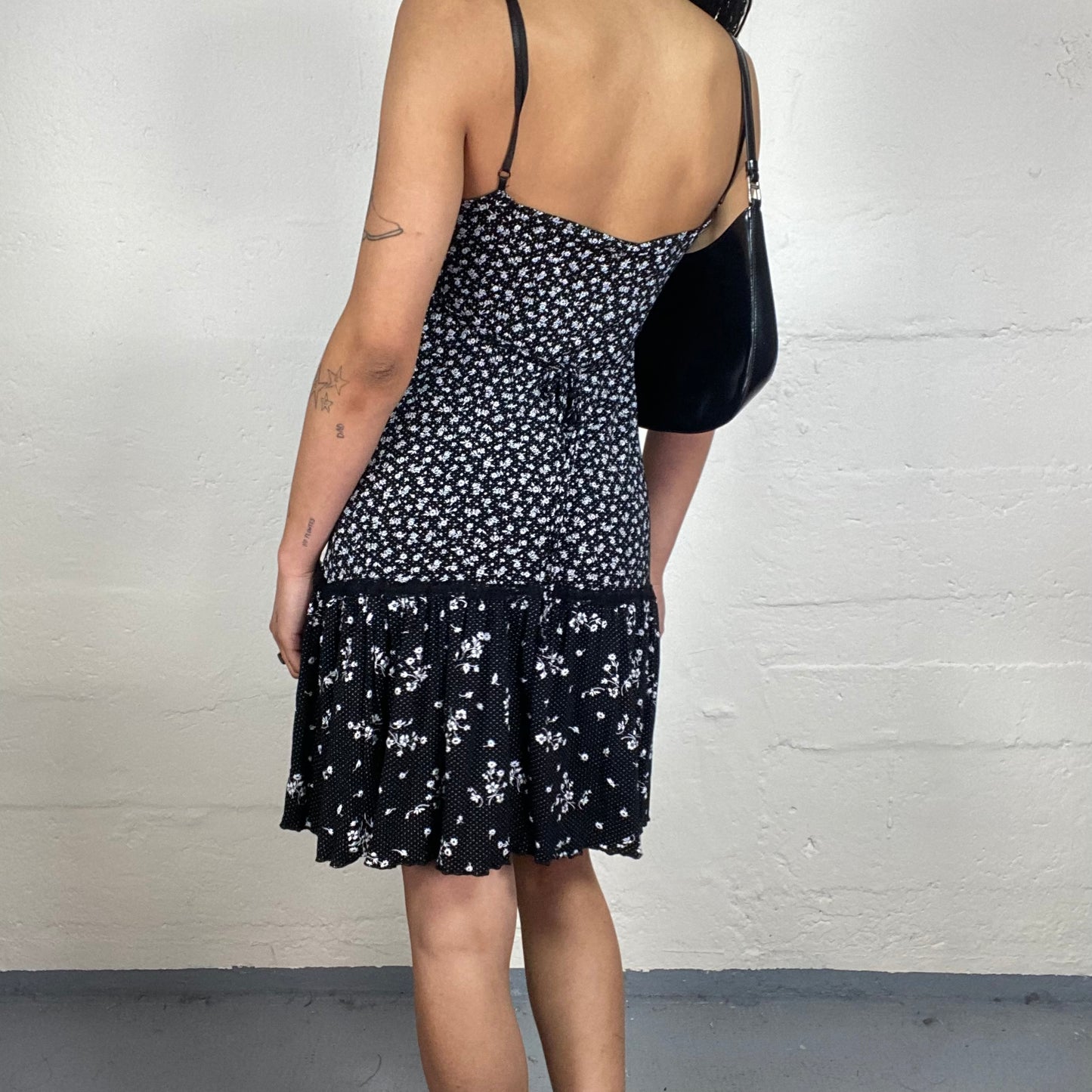 Vintage 2000's Coquette Black and White Mini Cami Dress with Micro Floral Print and Ruffled Skirt (M)