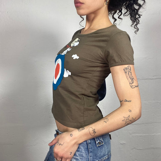 Vintage 2000's Casual Khaki Brown Baby Tee with Cartoon Print (S)