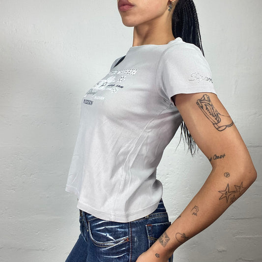 Vintage 2000's Downtown Girl Light Grey Baby Tee with White Typography Print Details (M/L)
