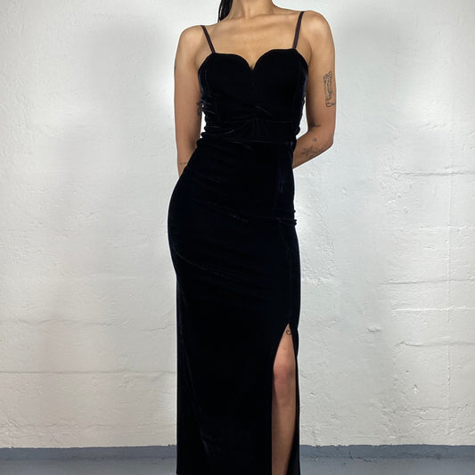 Vintage 2000's Chic Dinner Out Black Velour Cami Maxi Dress (S)