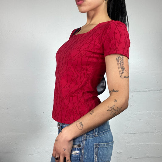 Vintage 2000's Downtown Girl Dark Red Tee with Floral Monotone Print (S)