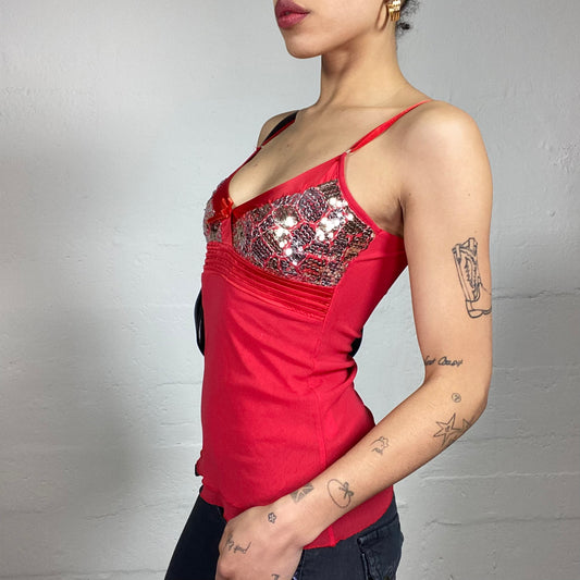 Vintage 2000's Glamorous Red Shiffon Layered Cami Top with Silver Shiny Details (S)