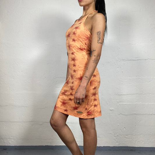 Vintage 2000's Beach Party Peach Orange Mini Neckholder Dress with Flowers Dress (S)