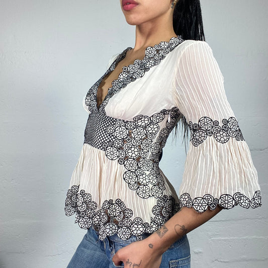 Vintage 2000's Catherine Malandrino Romantic Ivory Pleated Chiffon Shirt with Black and White Floral Lace Decor (M)