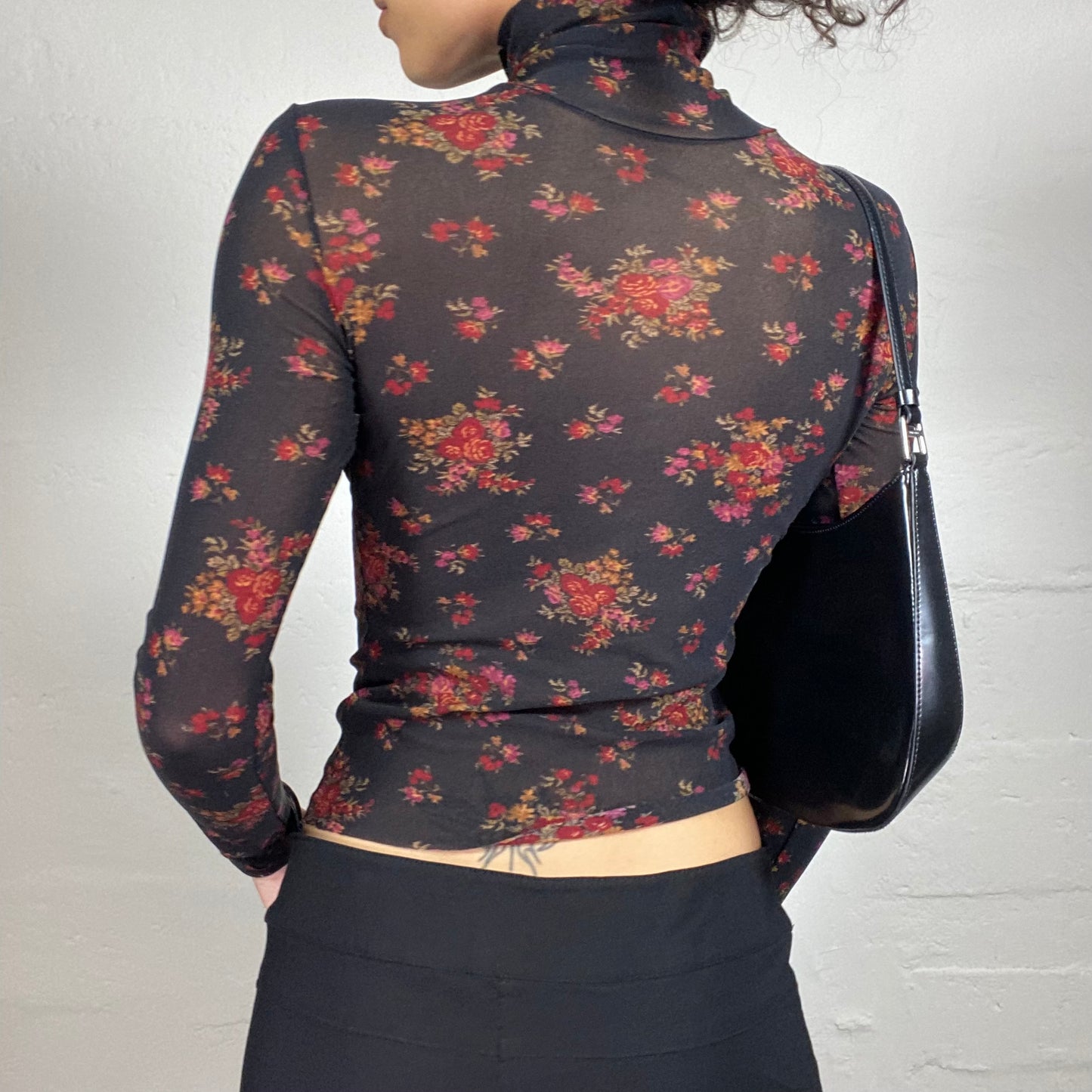 Vintage 2000's Dark Feminine Mesh Black Turtleneck Longsleeve Top with Gothic Red Floral Print (S)