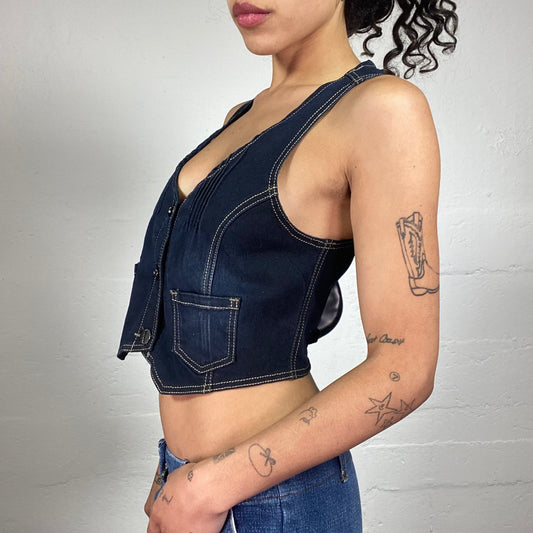 Vintage 2000's Xtina Dark Wash Out Denim Cropped Button Up Vest (M)