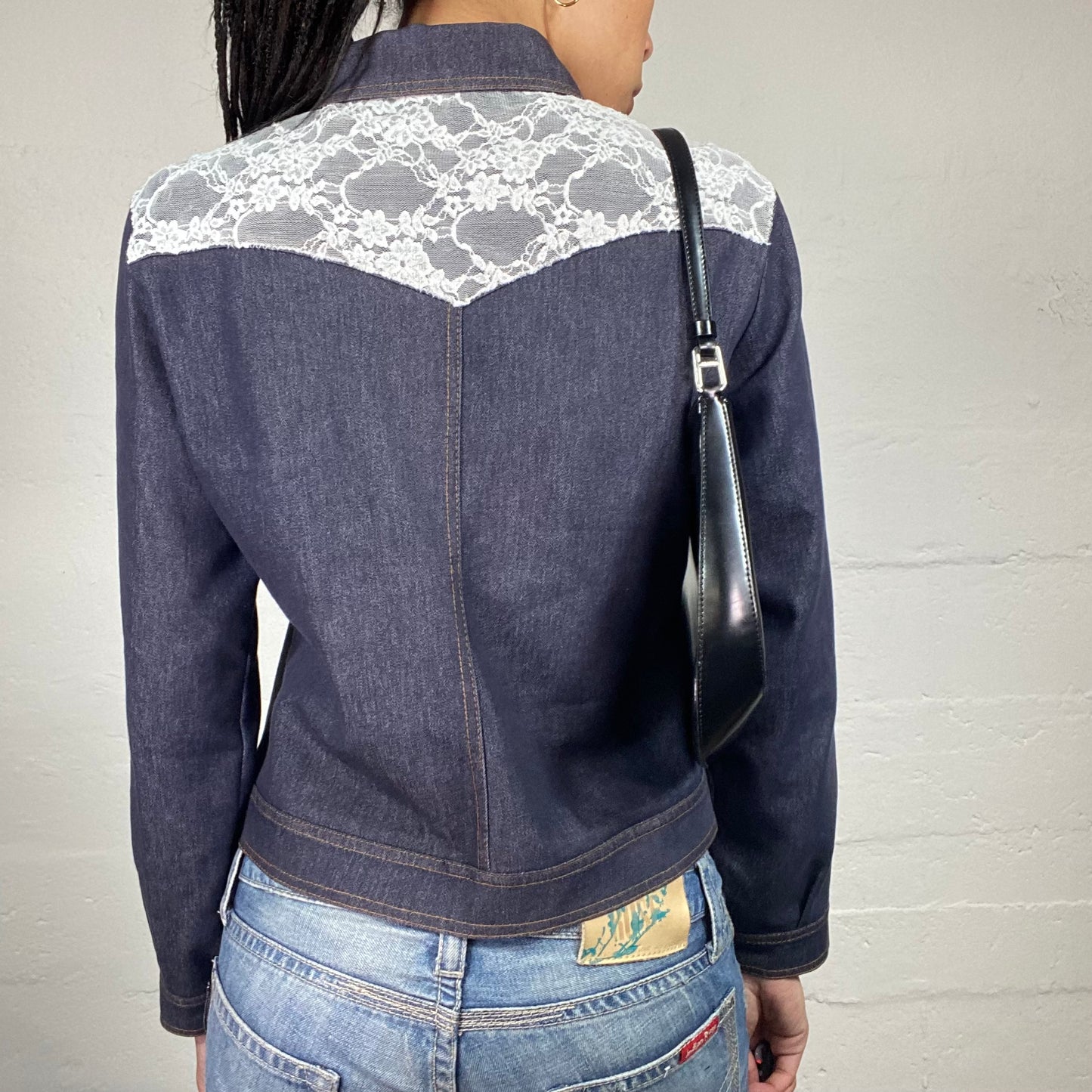 Vintage 2000's Coquette Dark Blue Zip Up Collared Denim Jacket with White Lace Decor (S)
